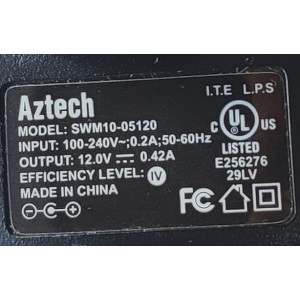 ADAPTADOR AC AZTECH / NUMERO DE PARTE SWM10-05120 / 12.0V - 0.42A / 2210-02	